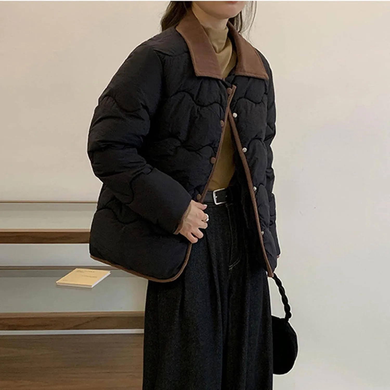 Quilted Jackets For Women 2024 Casual Trendy Lapel Button Down Long Sleeve Down Jacket Fall Winter Comfy Warm Tops