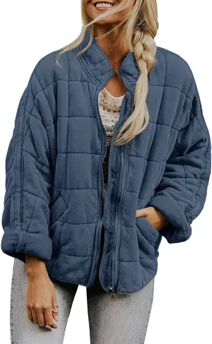 Quilted Jackets for Women, Long Sleeve Zip Puffer Jackets Loose Casual Jacket Coat Winter Warm Outwear with Pockets