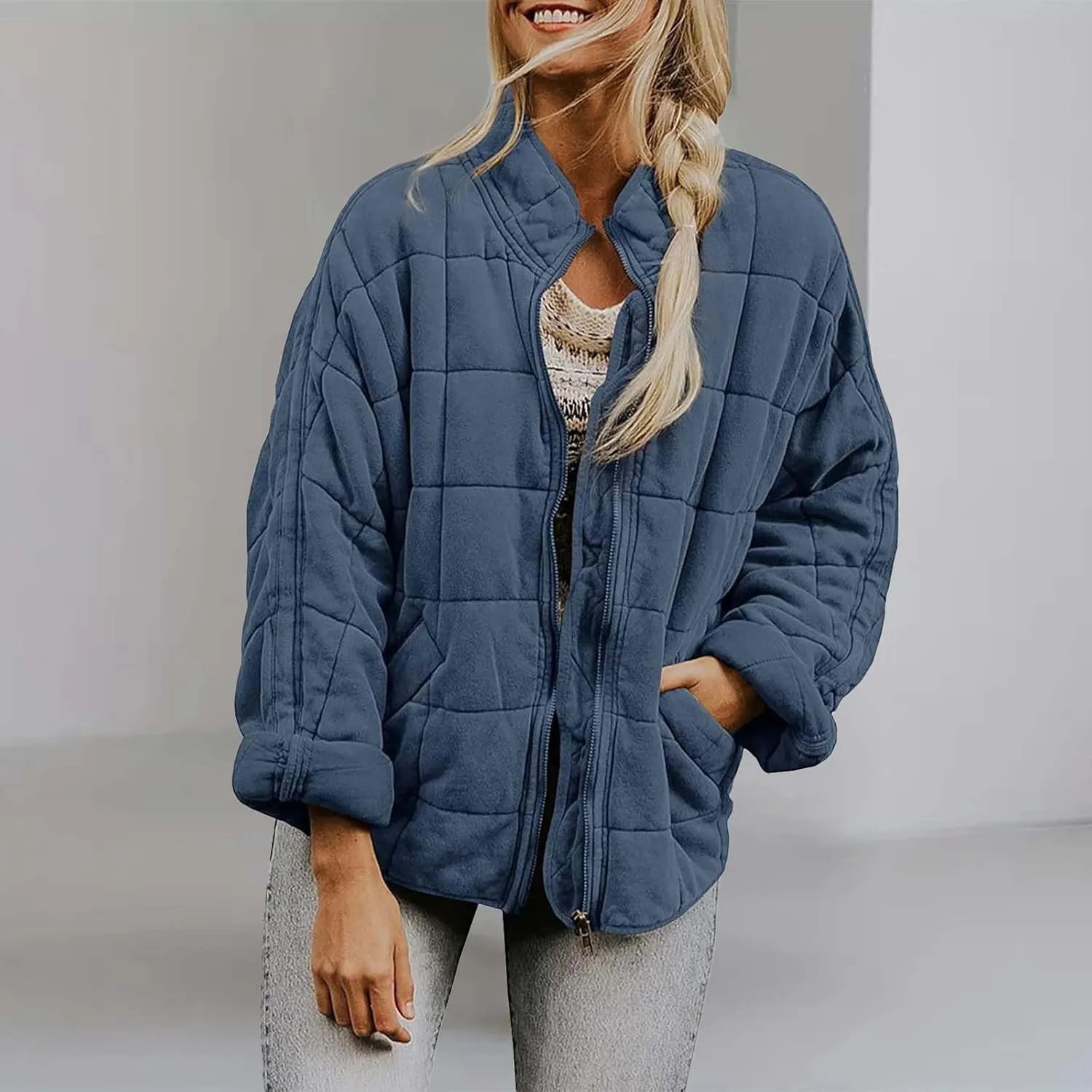 Quilted Jackets for Women, Long Sleeve Zip Puffer Jackets Loose Casual Jacket Coat Winter Warm Outwear with Pockets