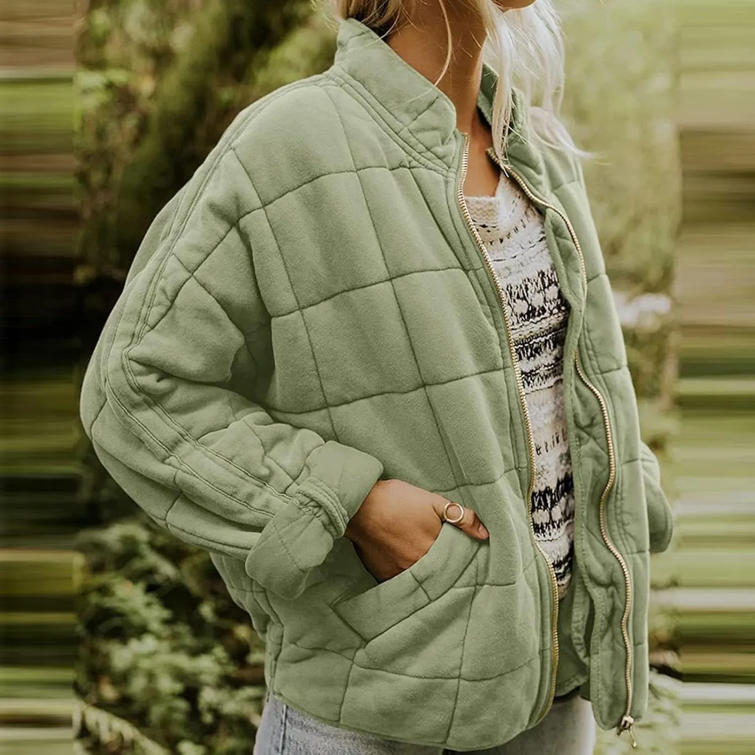 Quilted Jackets for Women, Long Sleeve Zip Puffer Jackets Loose Casual Jacket Coat Winter Warm Outwear with Pockets