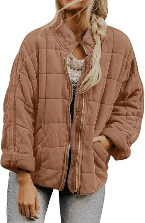 Quilted Jackets for Women, Long Sleeve Zip Puffer Jackets Loose Casual Jacket Coat Winter Warm Outwear with Pockets
