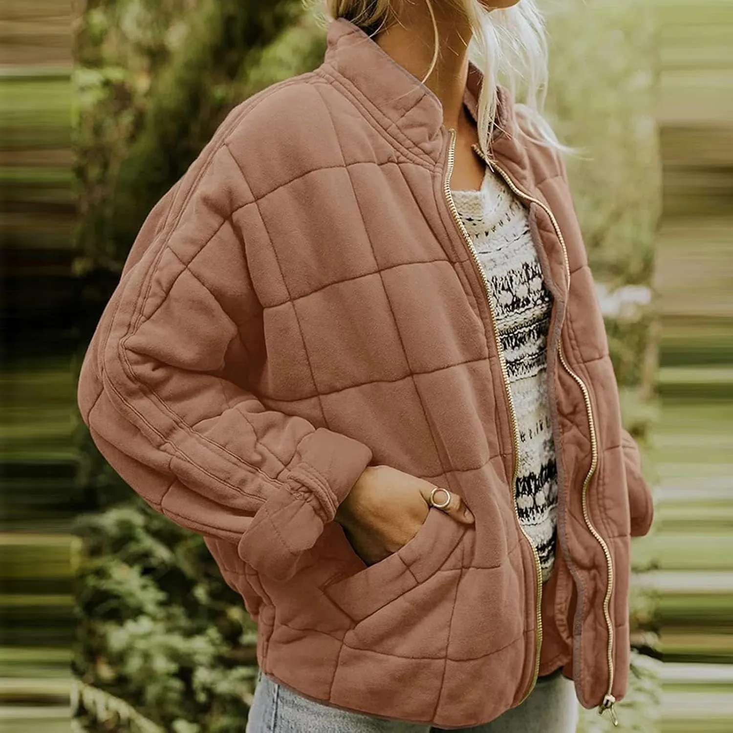 Quilted Jackets for Women, Long Sleeve Zip Puffer Jackets Loose Casual Jacket Coat Winter Warm Outwear with Pockets