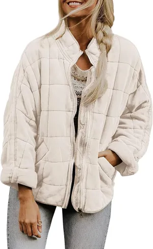 Quilted Jackets for Women, Long Sleeve Zip Puffer Jackets Loose Casual Jacket Coat Winter Warm Outwear with Pockets