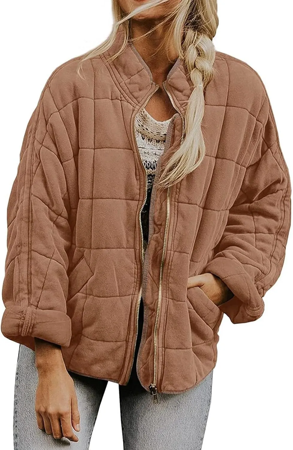 Quilted Jackets for Women, Long Sleeve Zip Puffer Jackets Loose Casual Jacket Coat Winter Warm Outwear with Pockets
