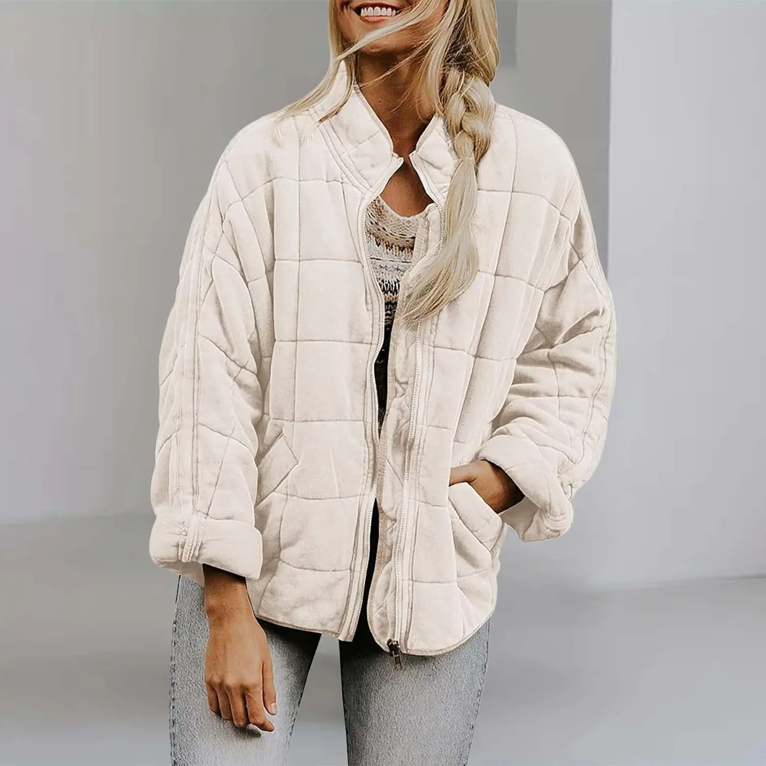 Quilted Jackets for Women, Long Sleeve Zip Puffer Jackets Loose Casual Jacket Coat Winter Warm Outwear with Pockets