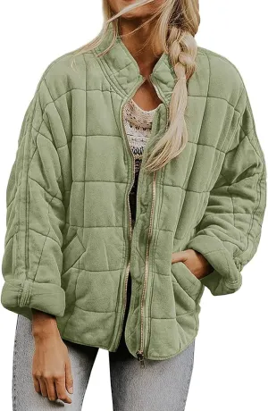 Quilted Jackets for Women, Long Sleeve Zip Puffer Jackets Loose Casual Jacket Coat Winter Warm Outwear with Pockets