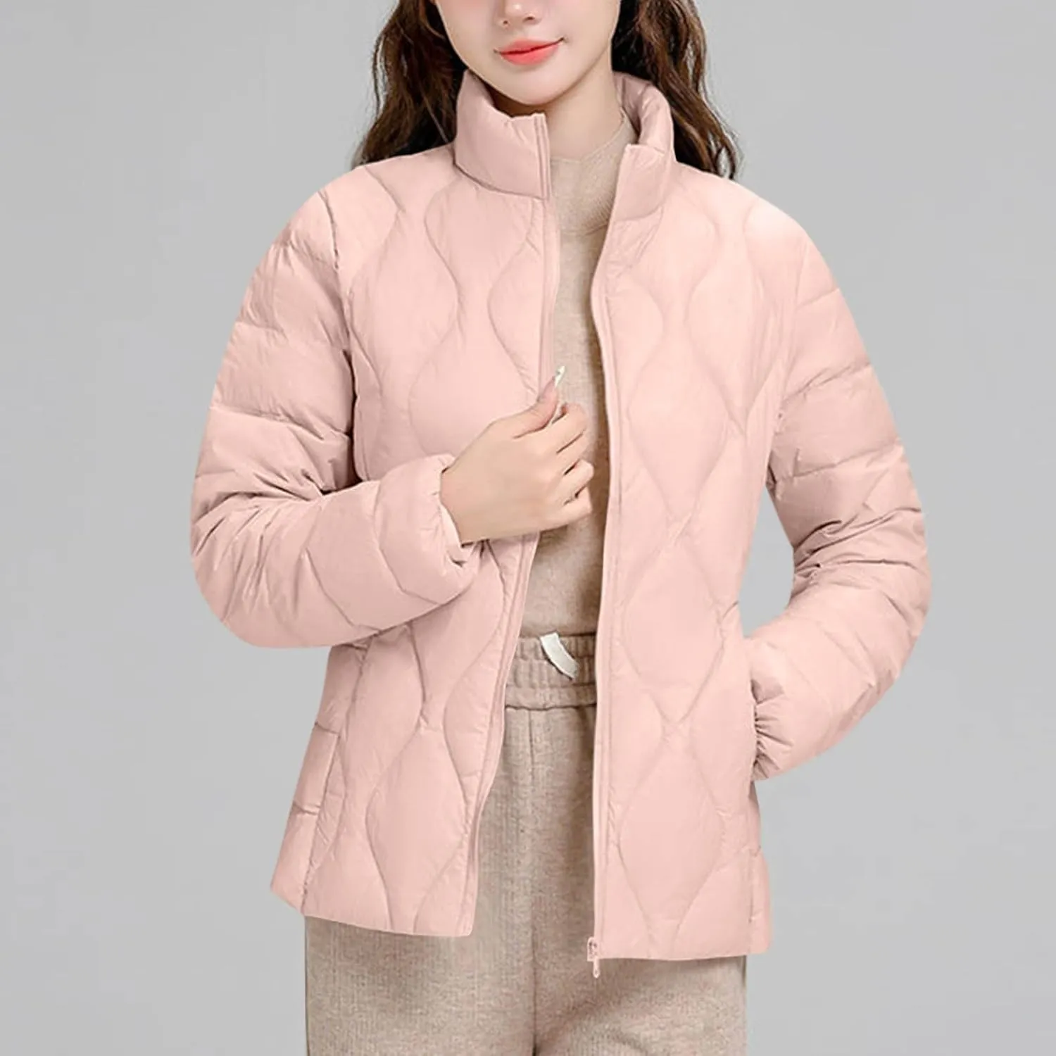 Quilted Lightweight Jackets for Women Plus Size Short Puffer Coats Stand Collar Zipper Down Jacket for Fall Winter