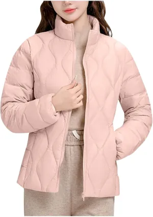 Quilted Lightweight Jackets for Women Plus Size Short Puffer Coats Stand Collar Zipper Down Jacket for Fall Winter