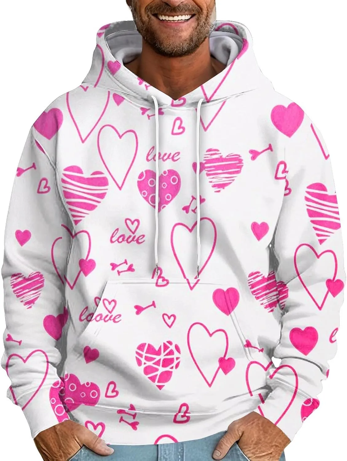 RTTUIOP Work Shirts For Men Hawaiian Long Sleeve Jacket Valentine's Day With Cap Cool Hoodie Heart Comfort With Pockets