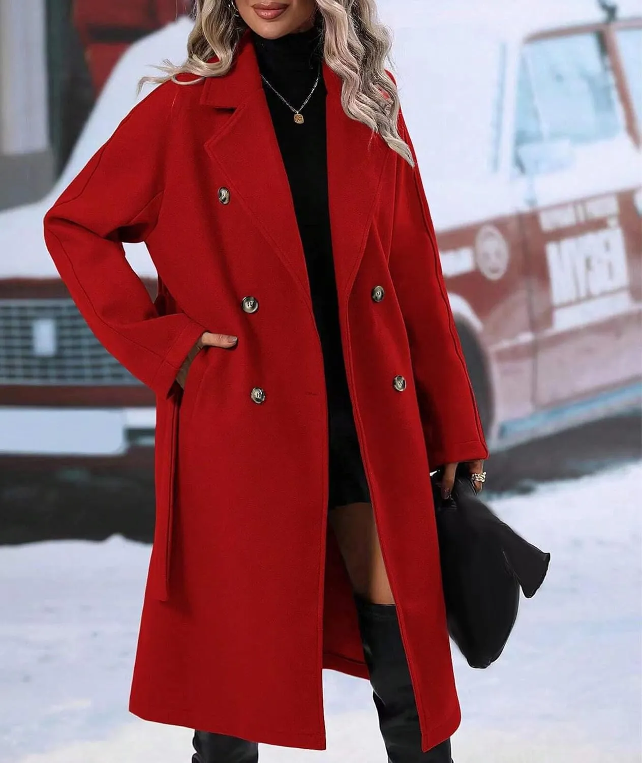 SEMATOMALA Women's Oversized Double Breasted Wool Blend Long Coat with Belt Notched Lapel Winter Trench Coat