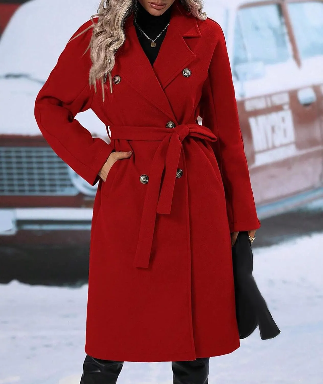 SEMATOMALA Women's Oversized Double Breasted Wool Blend Long Coat with Belt Notched Lapel Winter Trench Coat