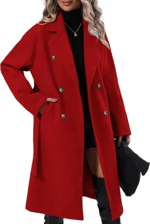 SEMATOMALA Women's Oversized Double Breasted Wool Blend Long Coat with Belt Notched Lapel Winter Trench Coat