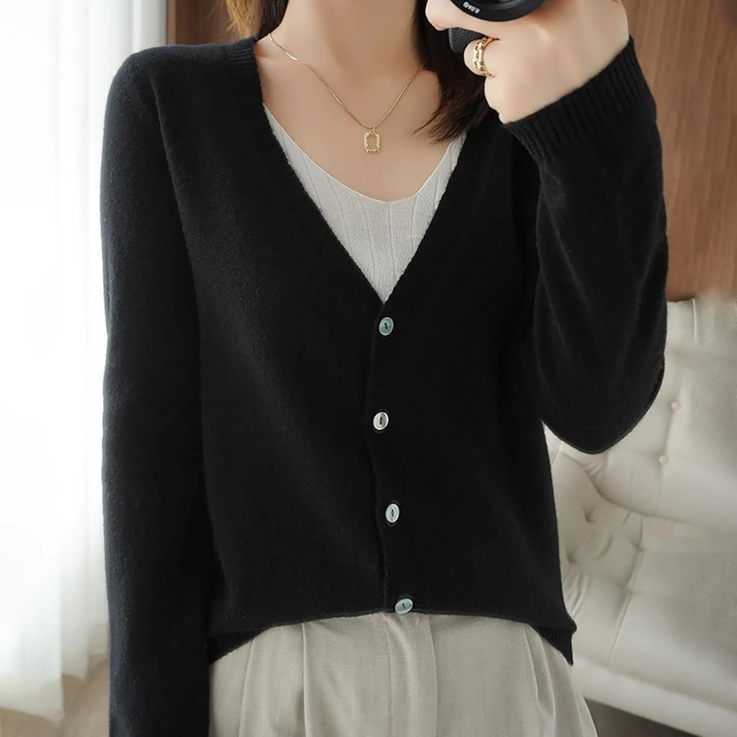 SHAOBGE Chunky Knitted Sweater Women's Spring and Autumn Leisure Loose Solid Long Sleeve V Chunky Oversized Sweaters for