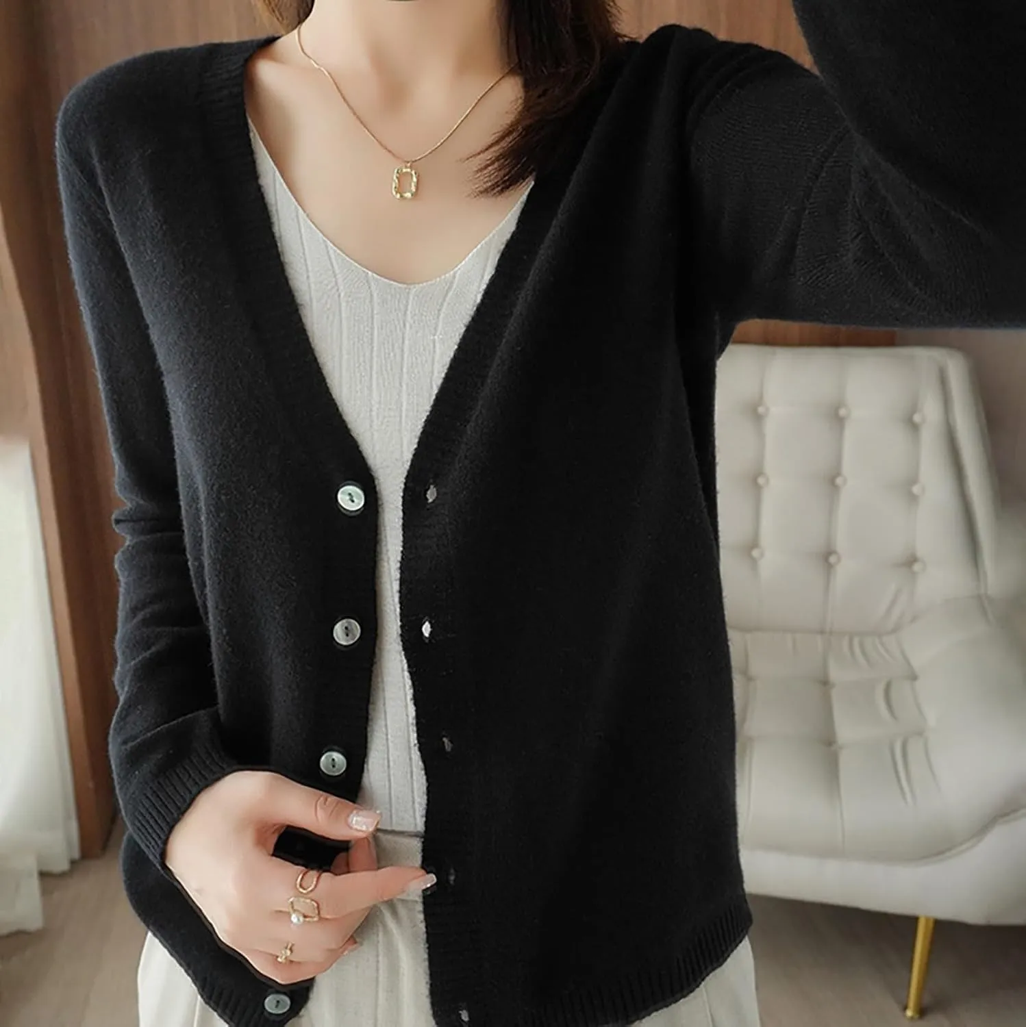 SHAOBGE Chunky Knitted Sweater Women's Spring and Autumn Leisure Loose Solid Long Sleeve V Chunky Oversized Sweaters for