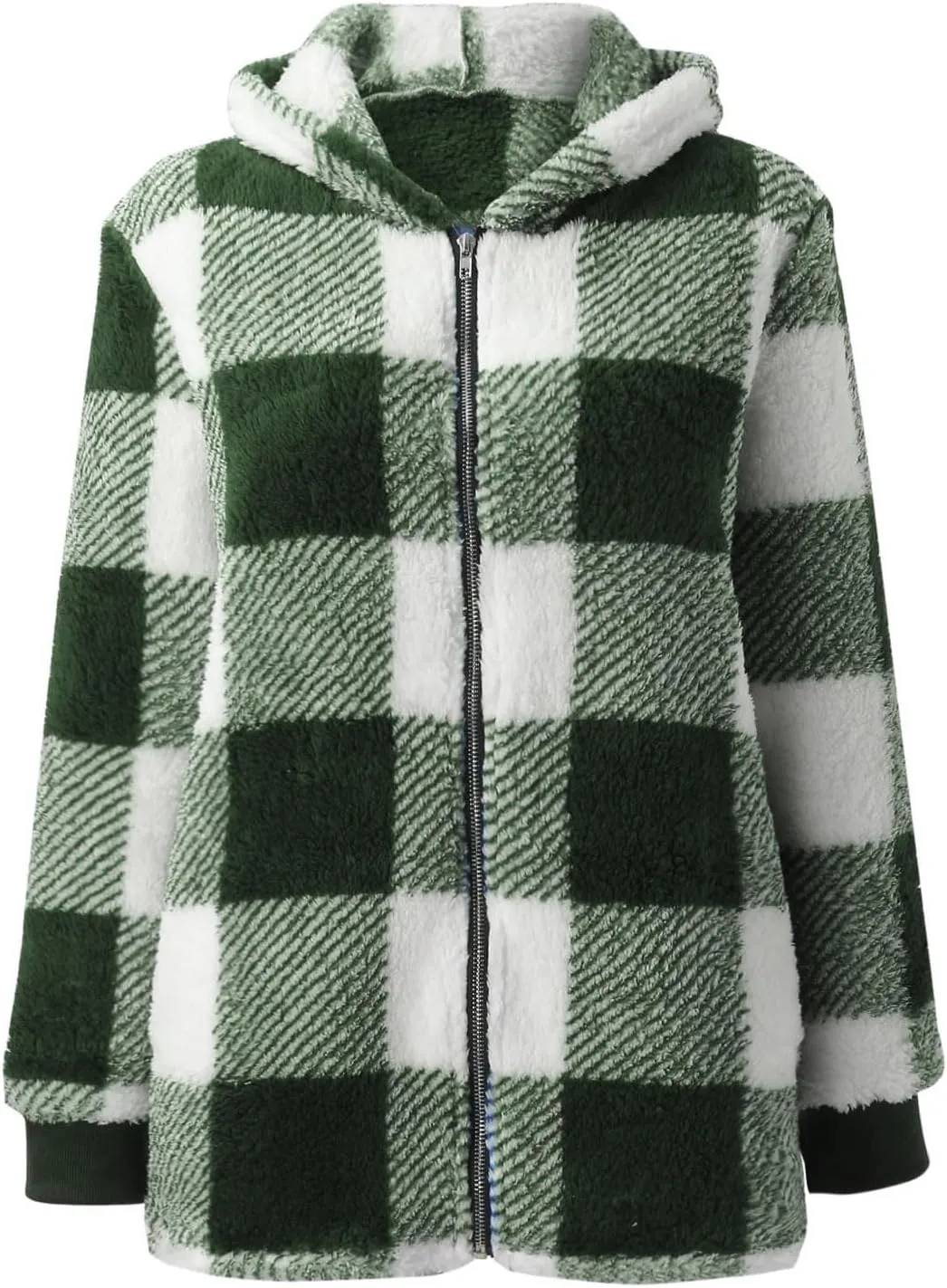 Sherpa Plaid Jackets for Women Fuzzy Fleece Oversized Open Front Hooded Cardigan Full Zip Plush Warm Winter Coats