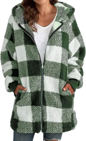 Sherpa Plaid Jackets for Women Fuzzy Fleece Oversized Open Front Hooded Cardigan Full Zip Plush Warm Winter Coats