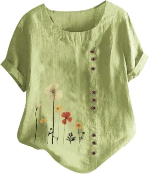 Short Sleeve Shirts for Women Summer Floral Print Tops Crewneck Button Up Shirts Loose Fit Cotton Linen Shirt 2025