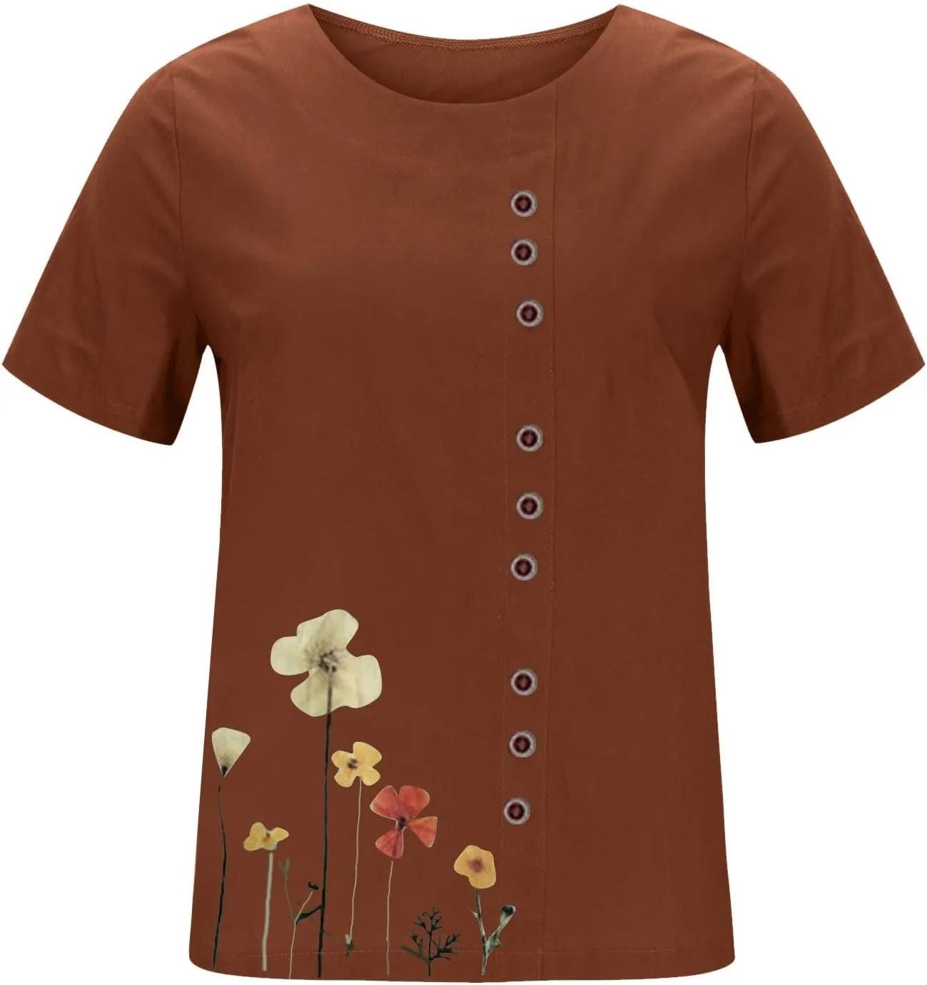 Short Sleeve Shirts for Women Summer Floral Print Tops Crewneck Button Up Shirts Loose Fit Cotton Linen Shirt 2025