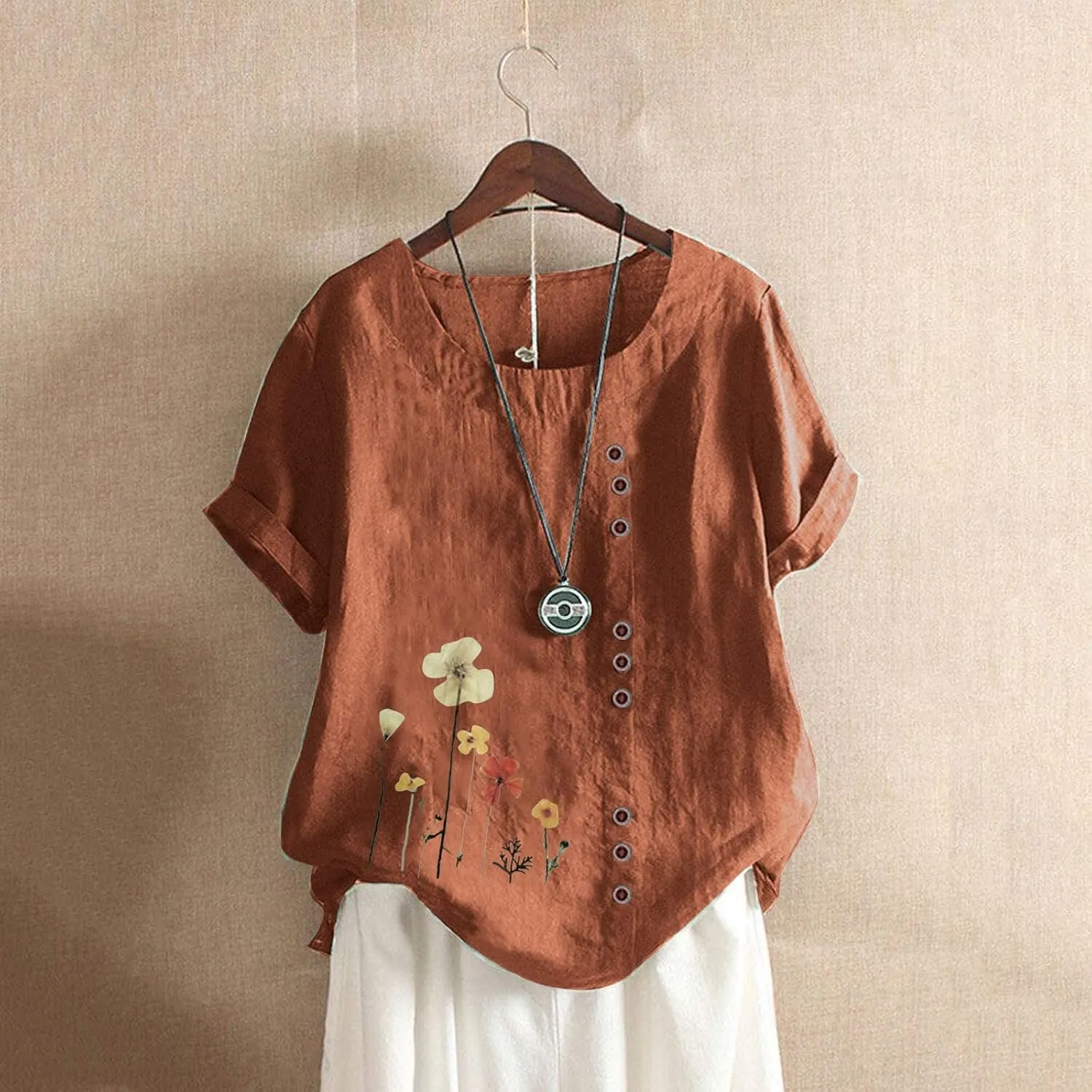 Short Sleeve Shirts for Women Summer Floral Print Tops Crewneck Button Up Shirts Loose Fit Cotton Linen Shirt 2025