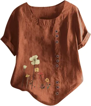 Short Sleeve Shirts for Women Summer Floral Print Tops Crewneck Button Up Shirts Loose Fit Cotton Linen Shirt 2025