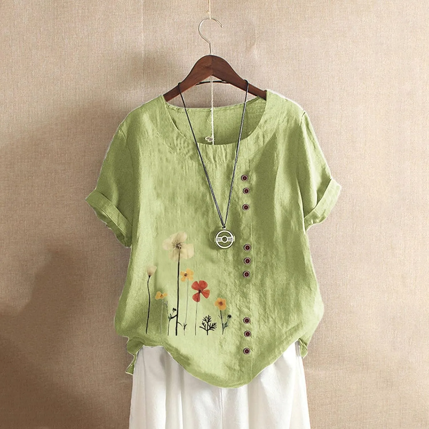 Short Sleeve Shirts for Women Summer Floral Print Tops Crewneck Button Up Shirts Loose Fit Cotton Linen Shirt 2025