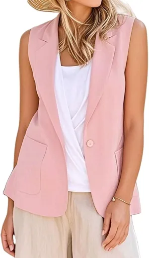 Sleeveless Blazers for Women Summer Casual Open Front Work Office Tops Solid Color Lapel Button Lightweight Jackets