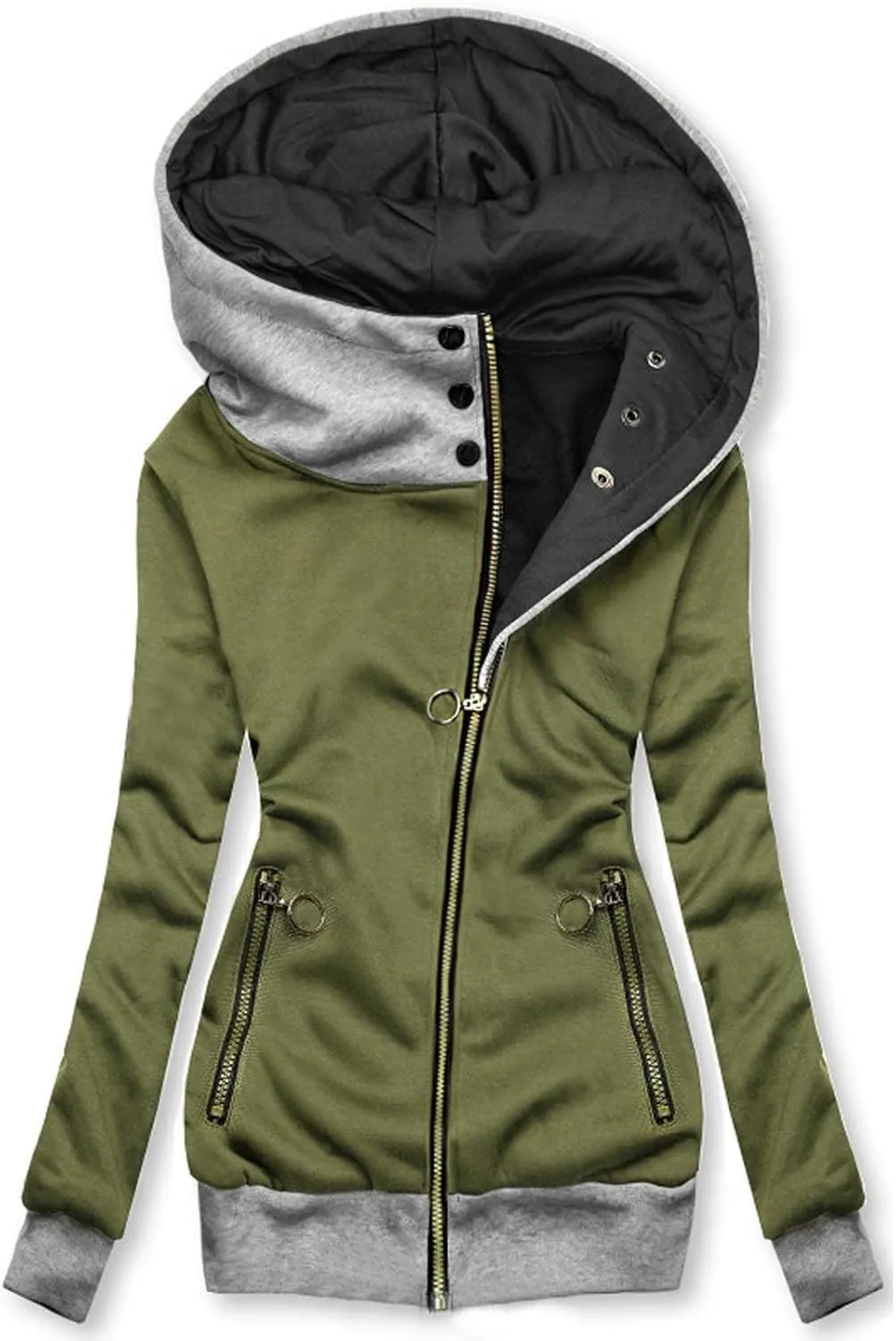 STYESH Army Green Hooded Jacket Women Casual Tunic Jackets Zip Up Lightweight Utility Anorak Coat with Pockets