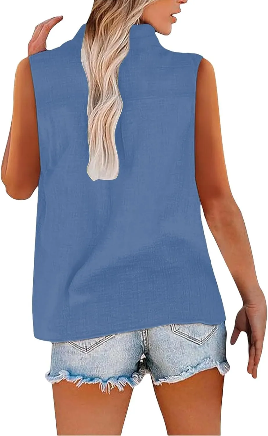Summer Linen Top for Women Sleeveless Collared Shirt V Neck Loose Going Out Tee Vacation Beach Tunic Casual Blouse
