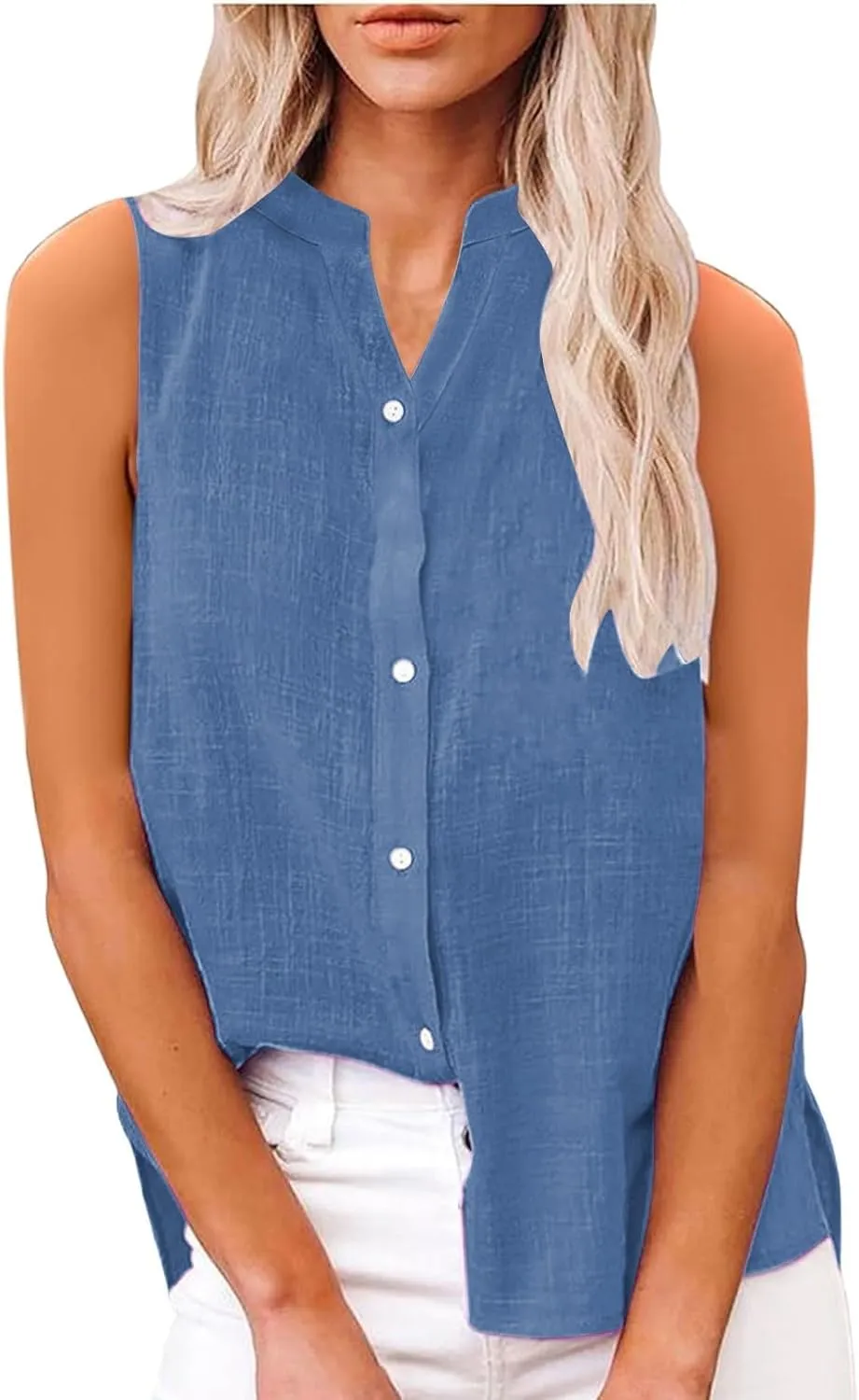 Summer Linen Top for Women Sleeveless Collared Shirt V Neck Loose Going Out Tee Vacation Beach Tunic Casual Blouse