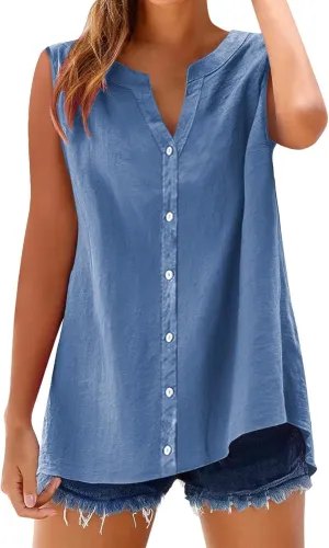 Summer Linen Top for Women Sleeveless Collared Shirt V Neck Loose Going Out Tee Vacation Beach Tunic Casual Blouse
