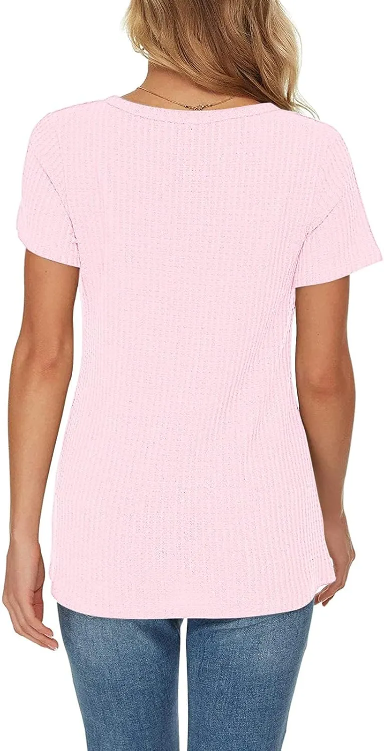 T Shirts for Women Fashion Waffle Short Sleeve V Neck Henley Shirts Casual Loose Fit T-Shirts Basic Tee Summer Tops