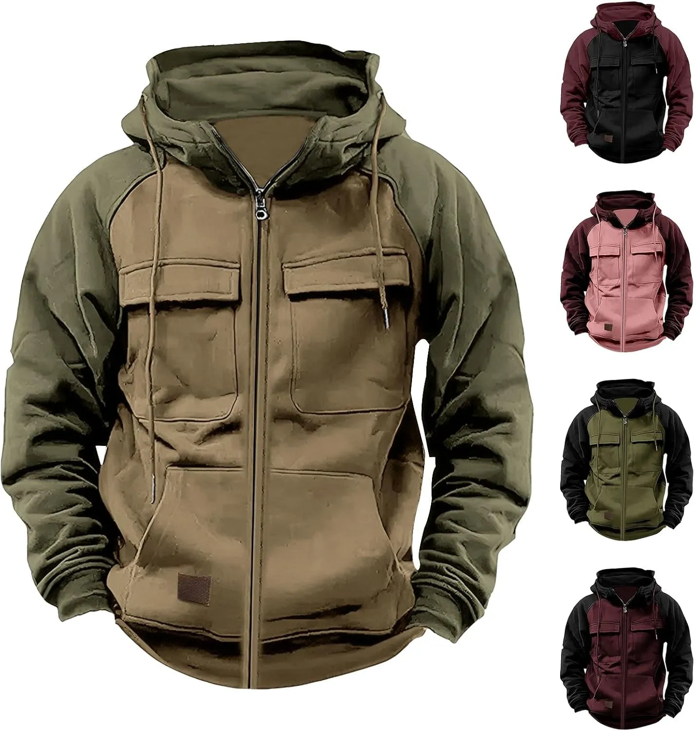 Tactical Hoodies for Men Full Zip Pullover Sweatshirts Casual Work Crewneck Sweatshirt Long Sleeve Cargo Hoodies