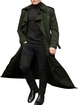 Trench Coat for Men Double Breasted Notched Lapel Men's Lengthened Casual Slim Fit Long Jacket Windbreaker Overcoats