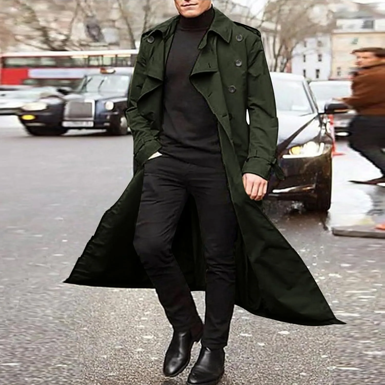 Trench Coat for Men Double Breasted Notched Lapel Men's Lengthened Casual Slim Fit Long Jacket Windbreaker Overcoats