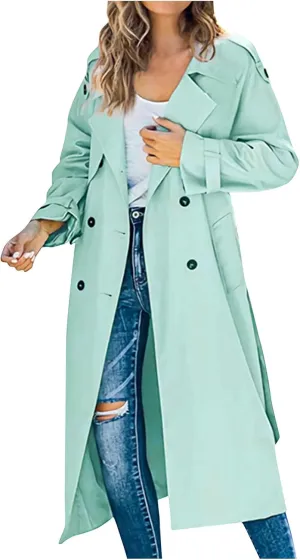 Trench Coat Women Waterproof Double Breasted Long Coats Trendy Notch Collar Jackets Fall Windbreaker with Pockets