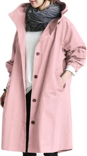 Trench Jacket for Women Button Down Loose Hooded Oversized Windbreaker Lightweight Waterproof Coat Outwear