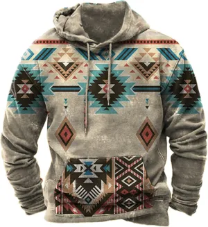 Tribal Aztec Hoodies for Men Oversized Vintage Ethnic Printed Graphic Long Sleeved T Shirt Mens Pullover Sweatshirts