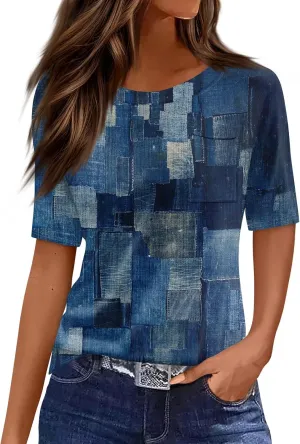 Tunic Tops for Women 2025 Summer Casual Button Up Crew Neck Shirts Short Sleeve T-Shirt Graphic Tees Blouse