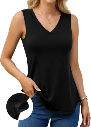 V FOR CITY Women's Long Tank Tops with Built in Bra Summer V Neck Tunic Top Loose Fit Sleeveless Shirt Side Split