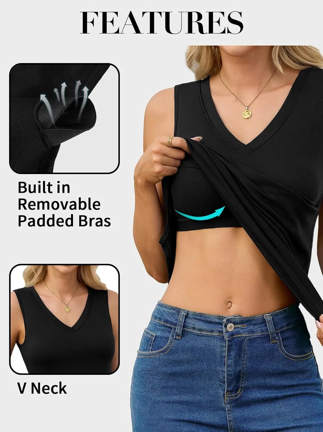 V FOR CITY Women's Long Tank Tops with Built in Bra Summer V Neck Tunic Top Loose Fit Sleeveless Shirt Side Split