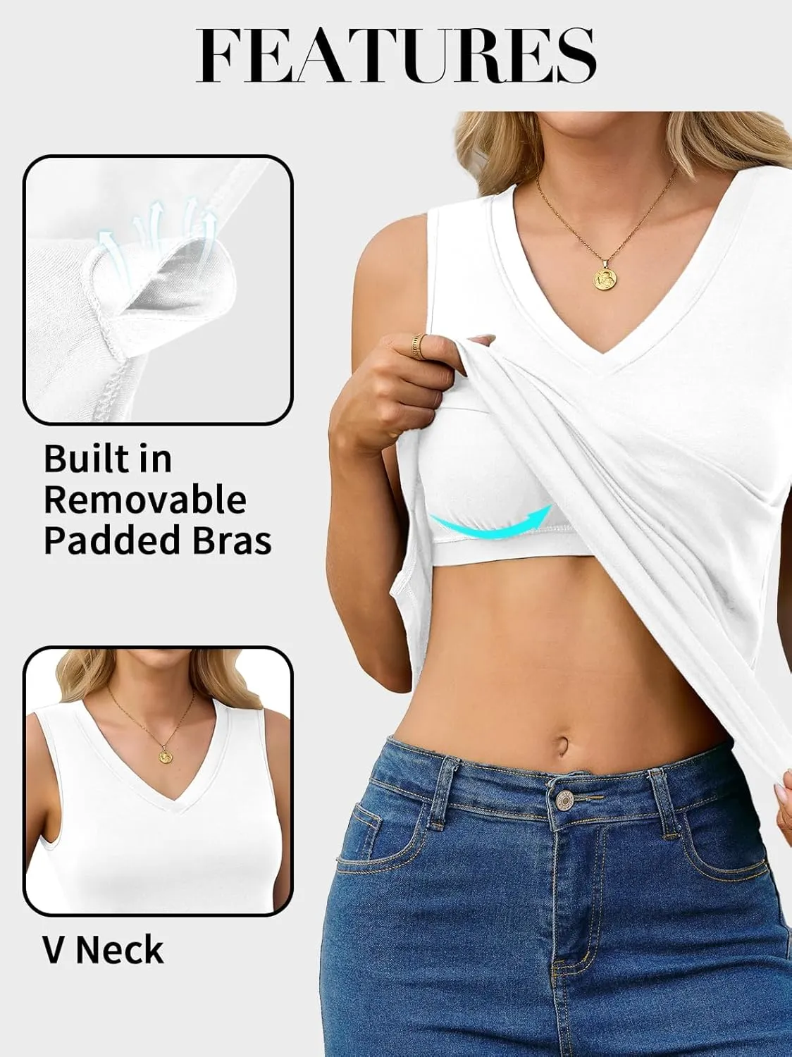 V FOR CITY Women's Long Tank Tops with Built in Bra Summer V Neck Tunic Top Loose Fit Sleeveless Shirt Side Split