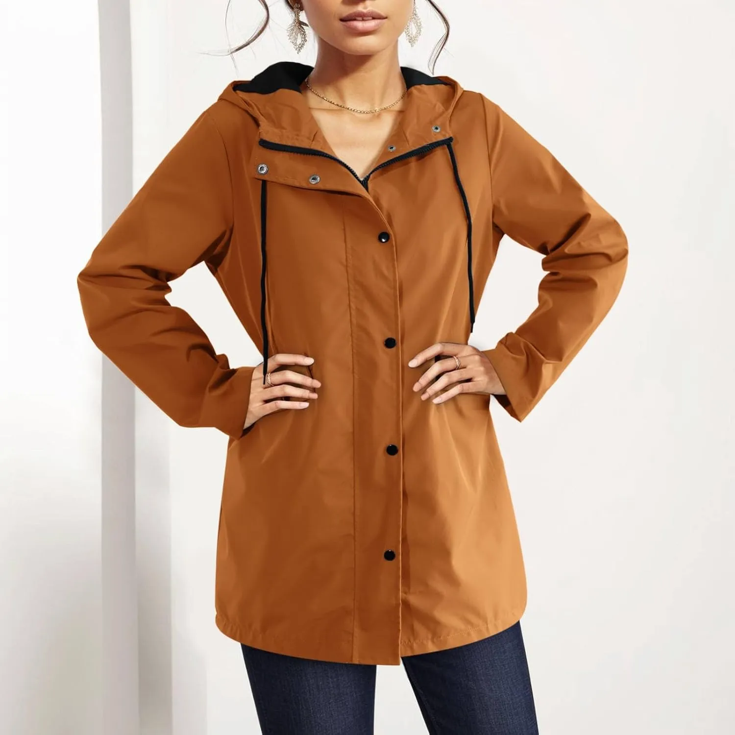 Waterproof with Hood Packable Long Hooded Trench Coats, Windbreaker Travel Jacket, Casual Sports Jackets for Women