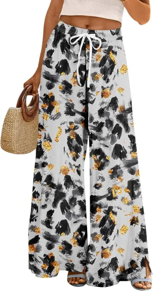 Wide Leg Pants for Women Summer Floral Casual High Waistd Pants Elastic Waist Drawstring Side Slit Pockets Outfits