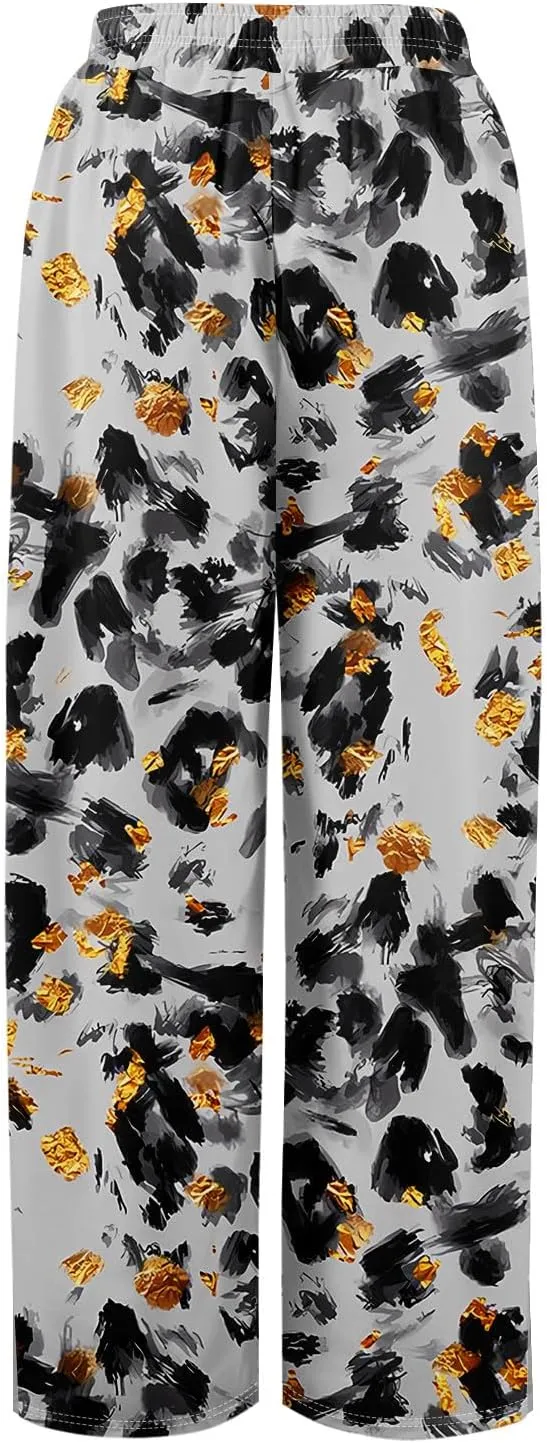 Wide Leg Pants for Women Summer Floral Casual High Waistd Pants Elastic Waist Drawstring Side Slit Pockets Outfits