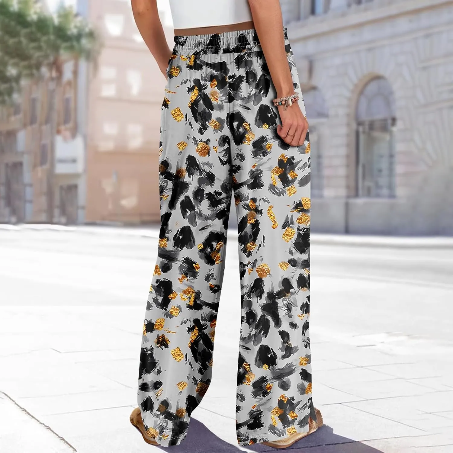 Wide Leg Pants for Women Summer Floral Casual High Waistd Pants Elastic Waist Drawstring Side Slit Pockets Outfits