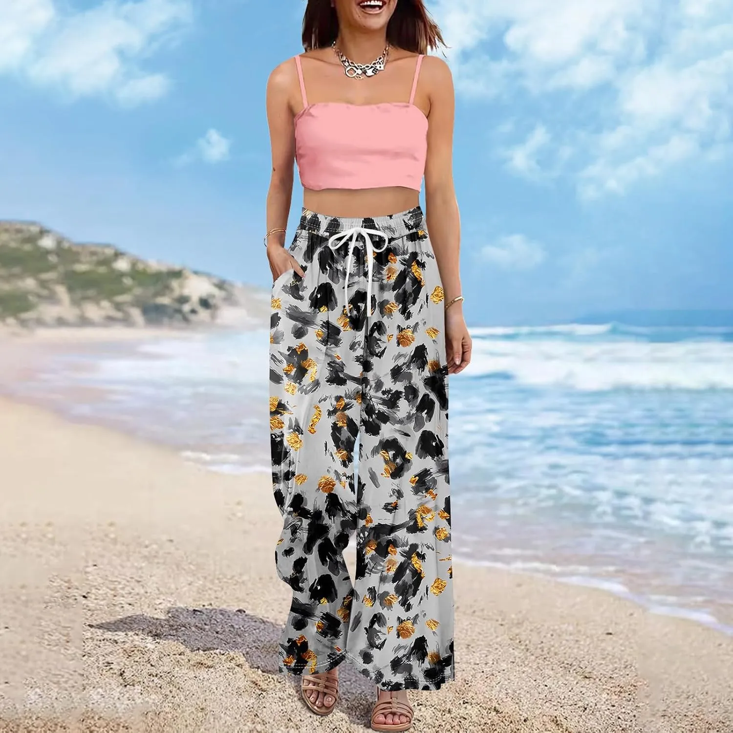 Wide Leg Pants for Women Summer Floral Casual High Waistd Pants Elastic Waist Drawstring Side Slit Pockets Outfits