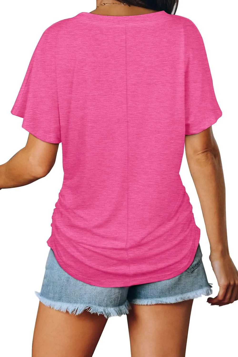WIHOLL Womens Short Sleeve V Neck Dolman Tops with Side Shirring Loose Fit Shirts
