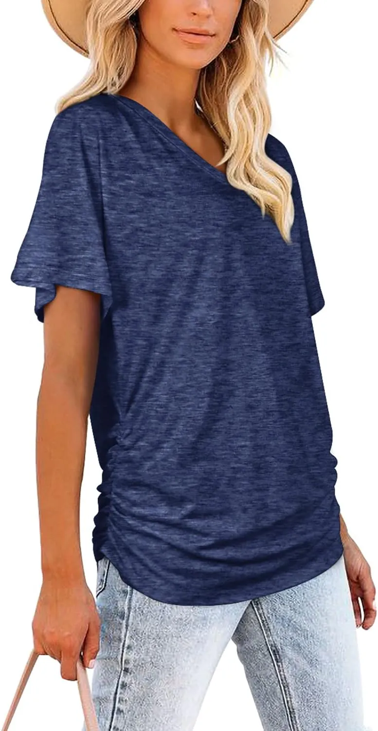 WIHOLL Womens Short Sleeve V Neck Dolman Tops with Side Shirring Loose Fit Shirts