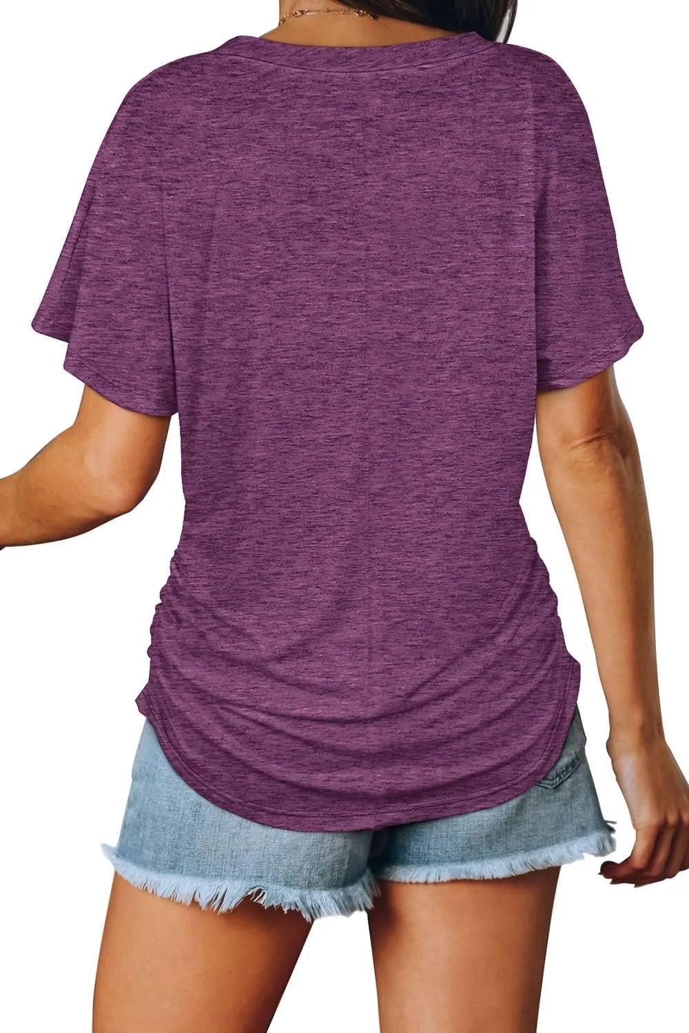 WIHOLL Womens Short Sleeve V Neck Dolman Tops with Side Shirring Loose Fit Shirts