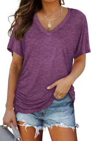 WIHOLL Womens Short Sleeve V Neck Dolman Tops with Side Shirring Loose Fit Shirts